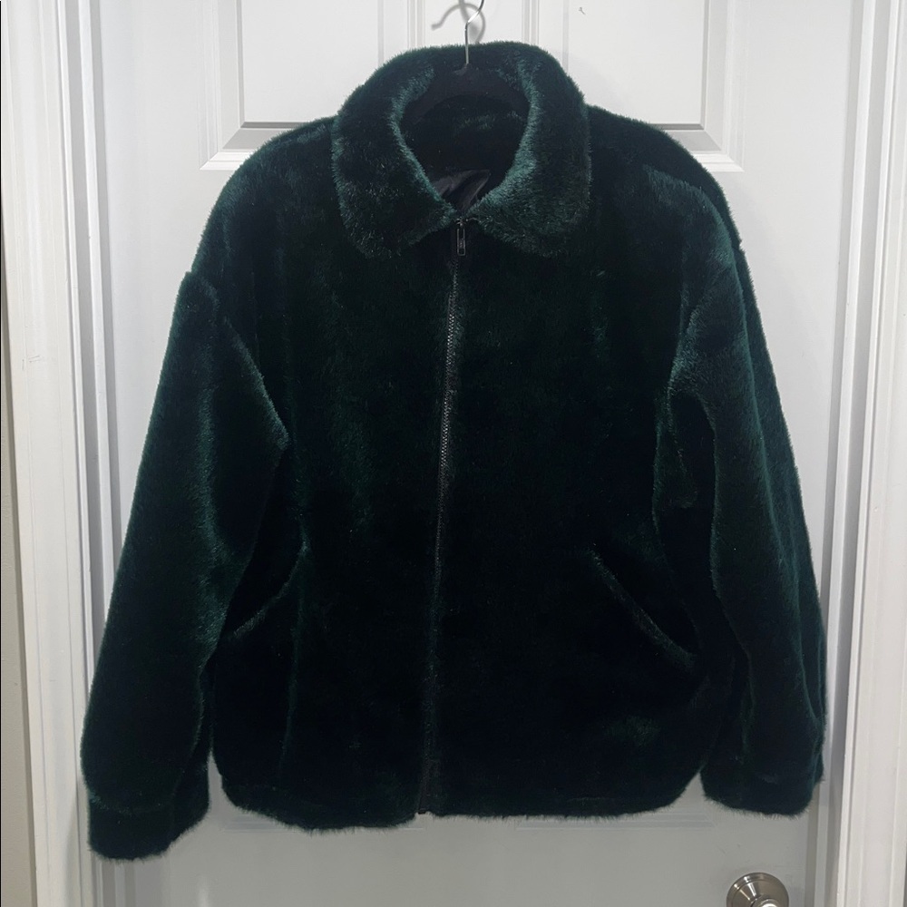 Gallery Vegan Faux Fur Bomber Coat Jacket Green collar pockets VTG vintage 90s - Picture 2 of 10